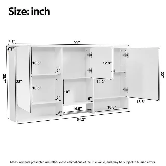 Alt view image 3 of 7 - 55 inch Wall-Mount 3-in-1 Mirror Cabinet with Adjustable Shelf, Soft-Closing Hinges, High-Quality MDF, for Bathroom Vanity, Living Room, Bedroom Storage Organizer