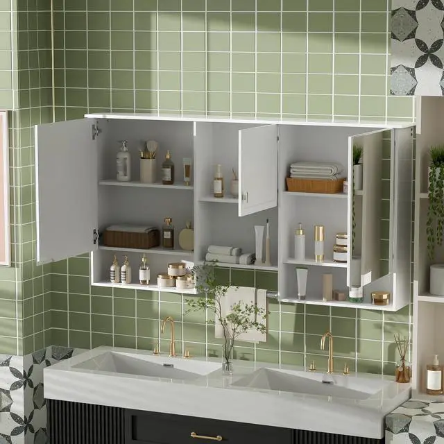 Alt view image 4 of 7 - 55 inch Wall-Mount 3-in-1 Mirror Cabinet with Adjustable Shelf, Soft-Closing Hinges, High-Quality MDF, for Bathroom Vanity, Living Room, Bedroom Storage Organizer