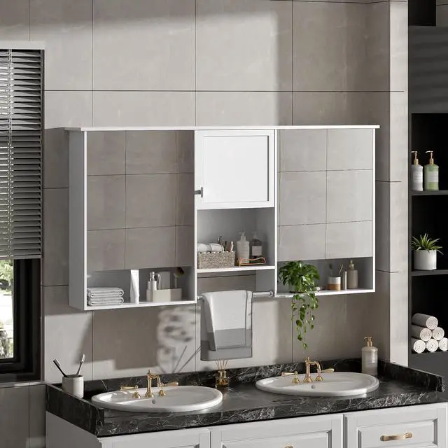 Alt view image 5 of 7 - 55 inch Wall-Mount 3-in-1 Mirror Cabinet with Adjustable Shelf, Soft-Closing Hinges, High-Quality MDF, for Bathroom Vanity, Living Room, Bedroom Storage Organizer