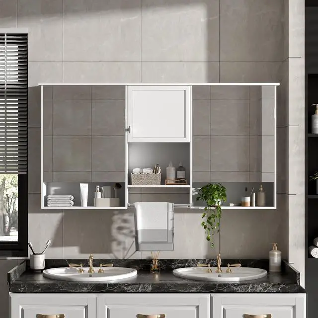 Alt view image 6 of 7 - 55 inch Wall-Mount 3-in-1 Mirror Cabinet with Adjustable Shelf, Soft-Closing Hinges, High-Quality MDF, for Bathroom Vanity, Living Room, Bedroom Storage Organizer