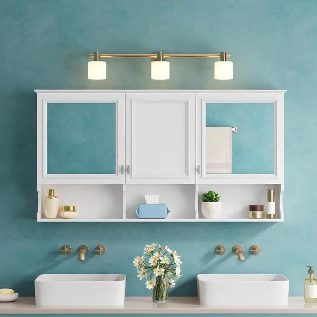 Alt view image 2 of 7 - 55 Inch Mirror Medicine Cabinet with Open Shelves, Wall Mounted Home Storage with Doors & Mirror, Adjustable Shelf, Bathroom Storage Cabinet over Toilet