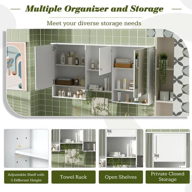Alt view image 7 of 7 - 55 inch Wall-Mount 3-in-1 Mirror Cabinet with Adjustable Shelf, Soft-Closing Hinges, High-Quality MDF, for Bathroom Vanity, Living Room, Bedroom Storage Organizer