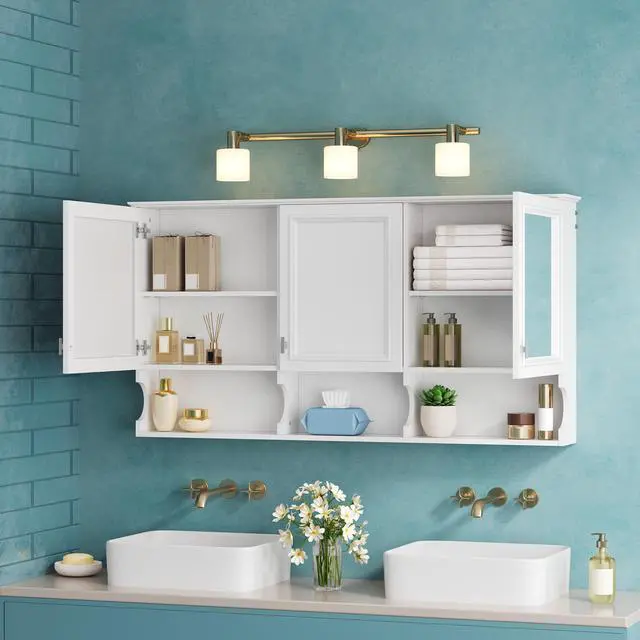 Alt view image 4 of 7 - 55 Inch Mirror Medicine Cabinet with Open Shelves, Wall Mounted Home Storage with Doors & Mirror, Adjustable Shelf, Bathroom Storage Cabinet over Toilet