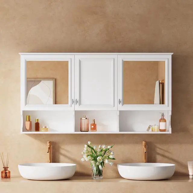 Alt view image 5 of 7 - 55 Inch Mirror Medicine Cabinet with Open Shelves, Wall Mounted Home Storage with Doors & Mirror, Adjustable Shelf, Bathroom Storage Cabinet over Toilet