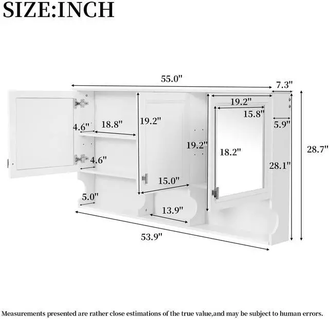 Alt view image 3 of 7 - 55 Inch Mirror Medicine Cabinet with Open Shelves, Wall Mounted Home Storage with Doors & Mirror, Adjustable Shelf, Bathroom Storage Cabinet over Toilet