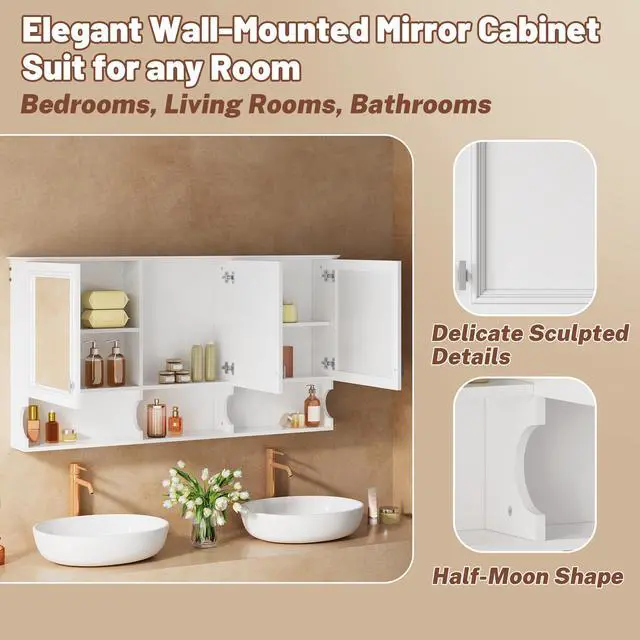 Alt view image 7 of 7 - 55 Inch Mirror Medicine Cabinet with Open Shelves, Wall Mounted Home Storage with Doors & Mirror, Adjustable Shelf, Bathroom Storage Cabinet over Toilet