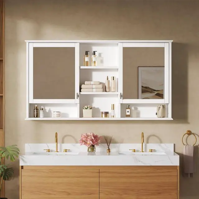 Alt view image 2 of 7 - 55-inch Wall-Mount 2-in-1 Mirror Cabinet with Adjustable Shelves, Soft-Closing Hinges, High-Definition Mirrors, for Bathroom Vanity, Living Room, Bedroom Storage Organizer
