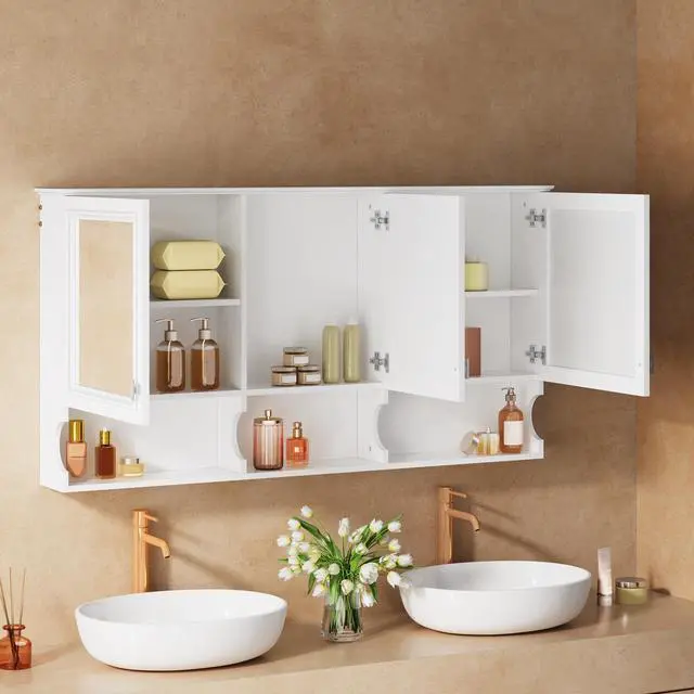 Alt view image 6 of 7 - 55 Inch Mirror Medicine Cabinet with Open Shelves, Wall Mounted Home Storage with Doors & Mirror, Adjustable Shelf, Bathroom Storage Cabinet over Toilet