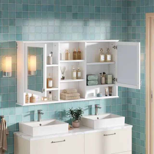 Alt view image 6 of 7 - 55-inch Wall-Mount 2-in-1 Mirror Cabinet with Adjustable Shelves, Soft-Closing Hinges, High-Definition Mirrors, for Bathroom Vanity, Living Room, Bedroom Storage Organizer