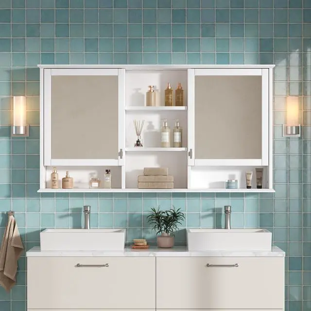 Alt view image 5 of 7 - 55-inch Wall-Mount 2-in-1 Mirror Cabinet with Adjustable Shelves, Soft-Closing Hinges, High-Definition Mirrors, for Bathroom Vanity, Living Room, Bedroom Storage Organizer