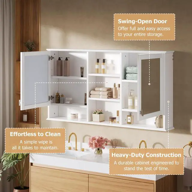Alt view image 7 of 7 - 55-inch Wall-Mount 2-in-1 Mirror Cabinet with Adjustable Shelves, Soft-Closing Hinges, High-Definition Mirrors, for Bathroom Vanity, Living Room, Bedroom Storage Organizer