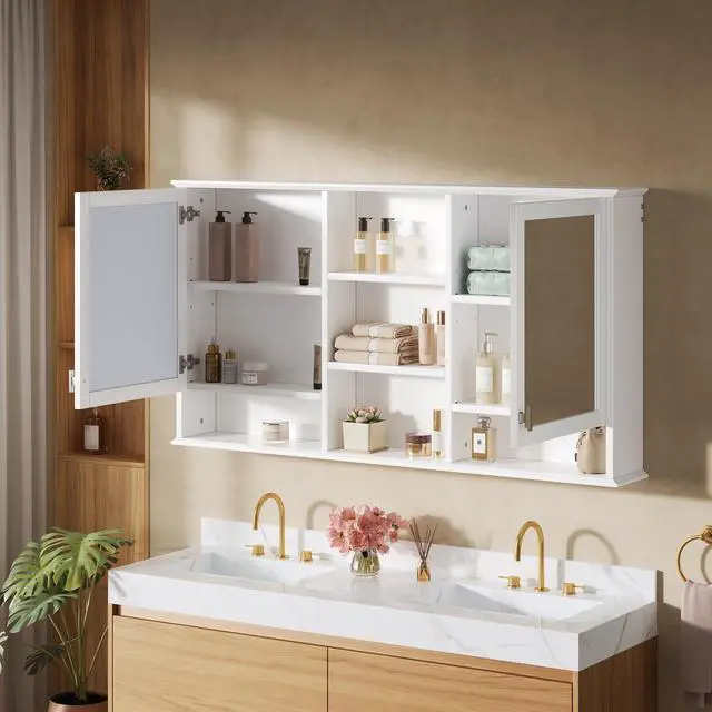 Alt view image 4 of 7 - 55-inch Wall-Mount 2-in-1 Mirror Cabinet with Adjustable Shelves, Soft-Closing Hinges, High-Definition Mirrors, for Bathroom Vanity, Living Room, Bedroom Storage Organizer