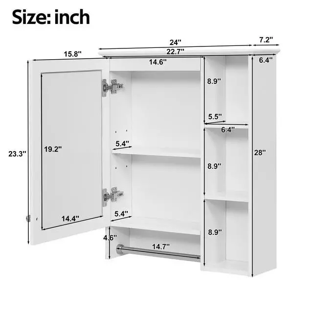 Alt view image 3 of 7 - 3-in-1 Bathroom Mirror Cabinet, 24-inch Wall Mounted Medicine Cabinet with Adjustable Shelf & Tower Bar, High-Definition Mirror with Storage for Bathroom Vanity
