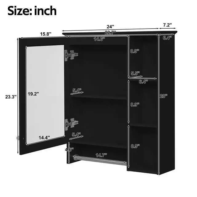 Alt view image 3 of 7 - 3-in-1 Bathroom Mirror Cabinet, 24-inch Wall Mounted Medicine Cabinet with Adjustable Shelf & Tower Bar, High-Definition Mirror with Storage for Bathroom Vanity