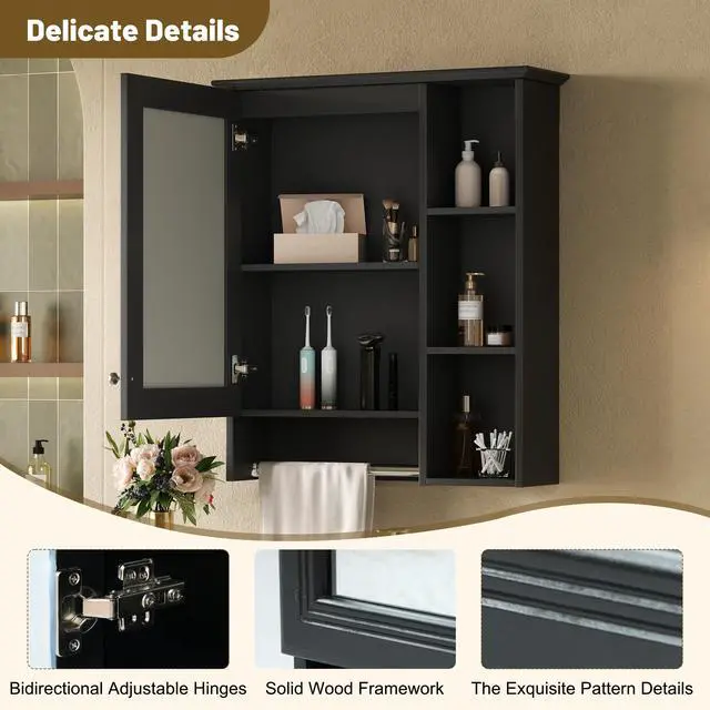 Alt view image 7 of 7 - 3-in-1 Bathroom Mirror Cabinet, 24-inch Wall Mounted Medicine Cabinet with Adjustable Shelf & Tower Bar, High-Definition Mirror with Storage for Bathroom Vanity