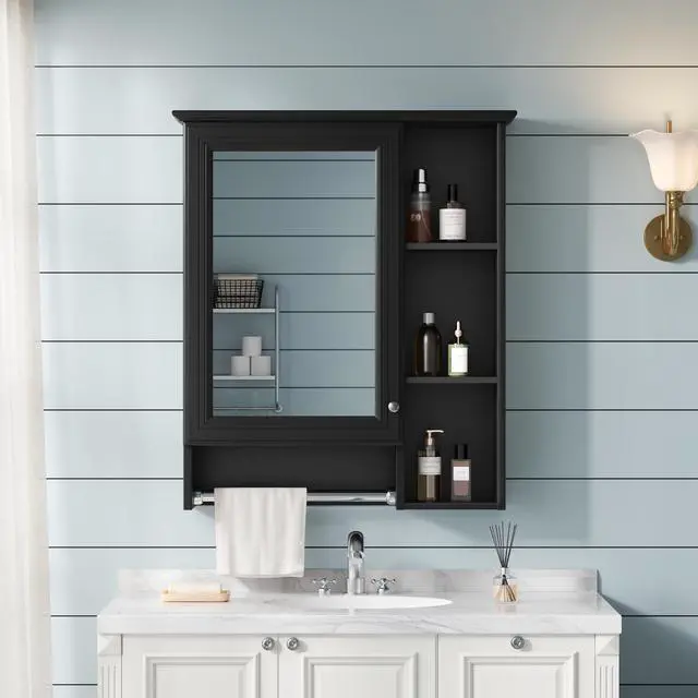 Alt view image 5 of 7 - 3-in-1 Bathroom Mirror Cabinet, 24-inch Wall Mounted Medicine Cabinet with Adjustable Shelf & Tower Bar, High-Definition Mirror with Storage for Bathroom Vanity