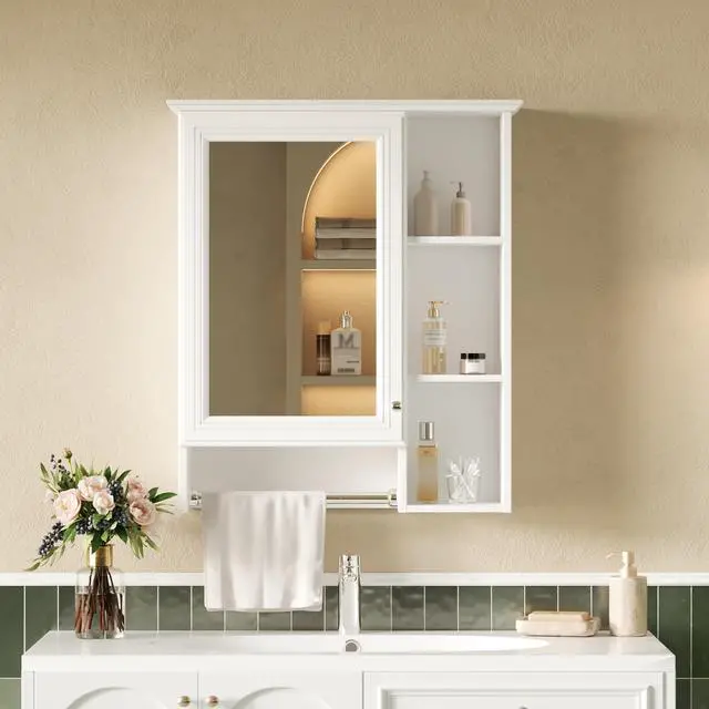 Alt view image 2 of 7 - 3-in-1 Bathroom Mirror Cabinet, 24-inch Wall Mounted Medicine Cabinet with Adjustable Shelf & Tower Bar, High-Definition Mirror with Storage for Bathroom Vanity
