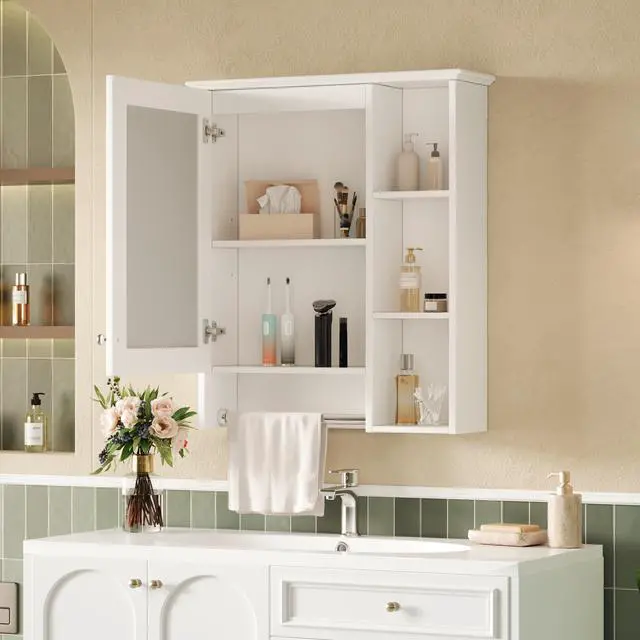 Alt view image 4 of 7 - 3-in-1 Bathroom Mirror Cabinet, 24-inch Wall Mounted Medicine Cabinet with Adjustable Shelf & Tower Bar, High-Definition Mirror with Storage for Bathroom Vanity