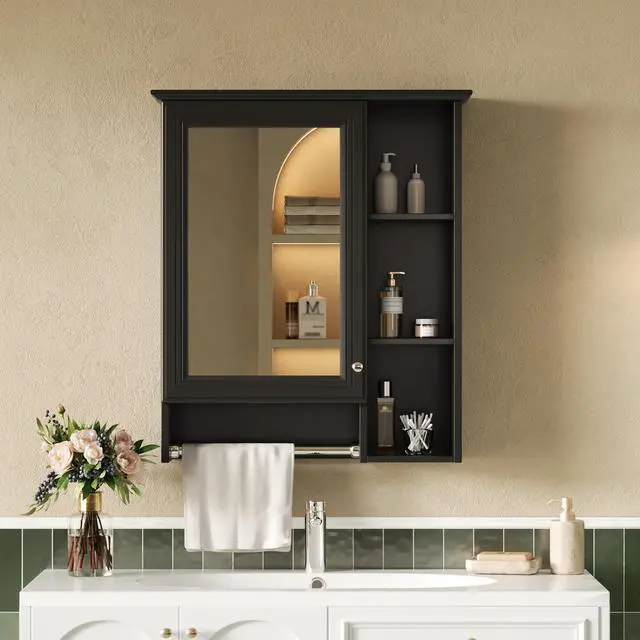 Alt view image 2 of 7 - 3-in-1 Bathroom Mirror Cabinet, 24-inch Wall Mounted Medicine Cabinet with Adjustable Shelf & Tower Bar, High-Definition Mirror with Storage for Bathroom Vanity