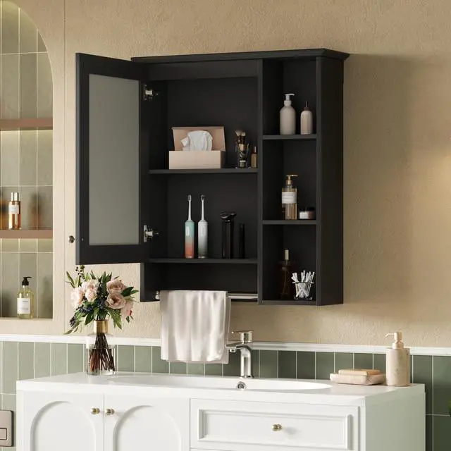 Alt view image 4 of 7 - 3-in-1 Bathroom Mirror Cabinet, 24-inch Wall Mounted Medicine Cabinet with Adjustable Shelf & Tower Bar, High-Definition Mirror with Storage for Bathroom Vanity