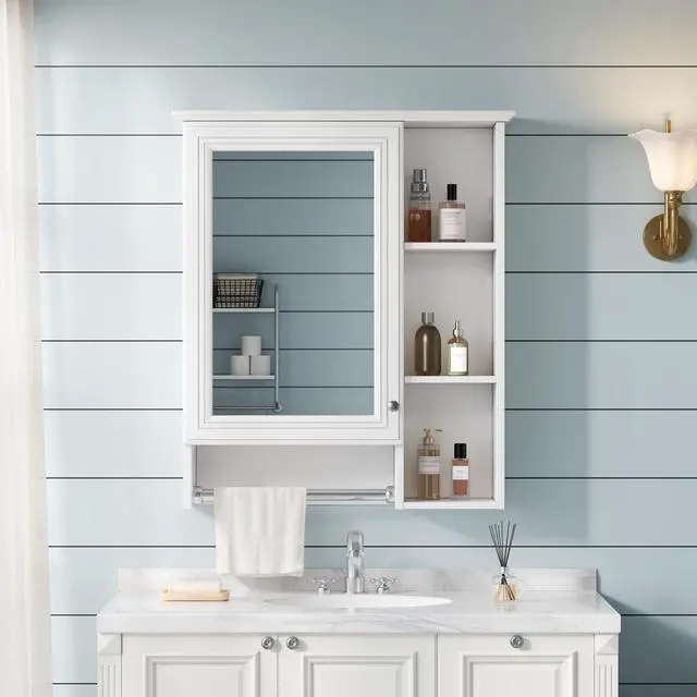 Alt view image 5 of 7 - 3-in-1 Bathroom Mirror Cabinet, 24-inch Wall Mounted Medicine Cabinet with Adjustable Shelf & Tower Bar, High-Definition Mirror with Storage for Bathroom Vanity