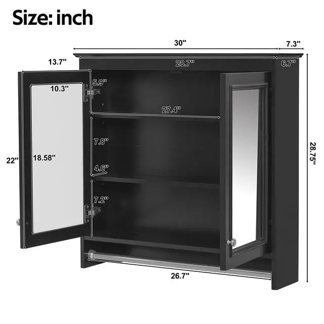 Alt view image 3 of 7 - 3-in-1 Bathroom Mirror Cabinet, 30 inch Wall Mounted Medicine Cabinet with Adjustable Shelves & Soft Close Doors, High-Define Mirror with Storage for Bathroom Vanity