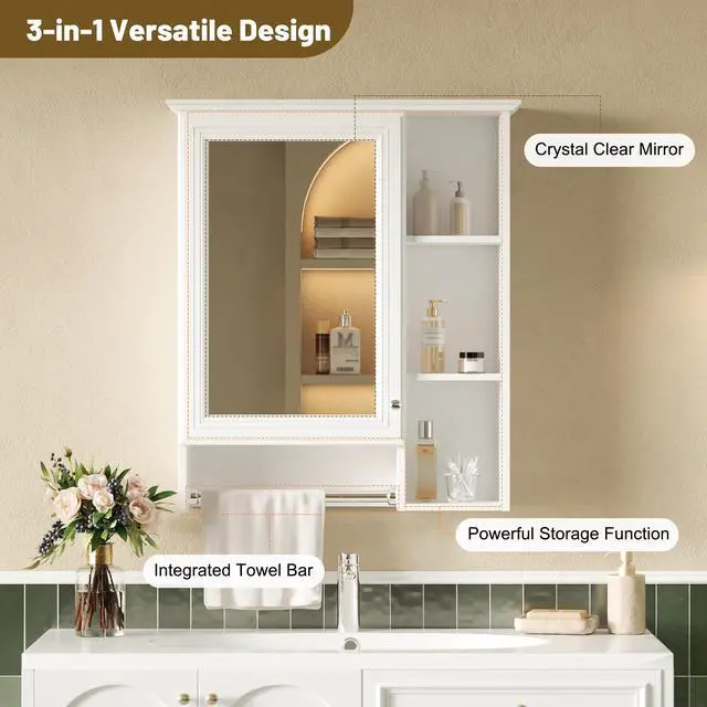 Alt view image 7 of 7 - 3-in-1 Bathroom Mirror Cabinet, 24-inch Wall Mounted Medicine Cabinet with Adjustable Shelf & Tower Bar, High-Definition Mirror with Storage for Bathroom Vanity