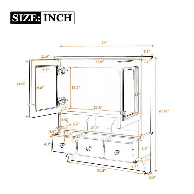 Alt view image 3 of 7 - 4-in-1 Bathroom Mirror Cabinet, 24-inch Wall Mounted Medicine Cabinet with Drawers & Organizer Hooks, High-Define Mirrors with Storage for Bathroom Vanity