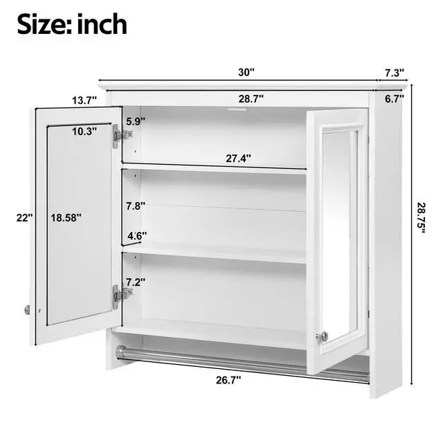 Alt view image 3 of 7 - 3-in-1 Bathroom Mirror Cabinet, 30 inch Wall Mounted Medicine Cabinet with Adjustable Shelves & Soft Close Doors, High-Define Mirror with Storage for Bathroom Vanity