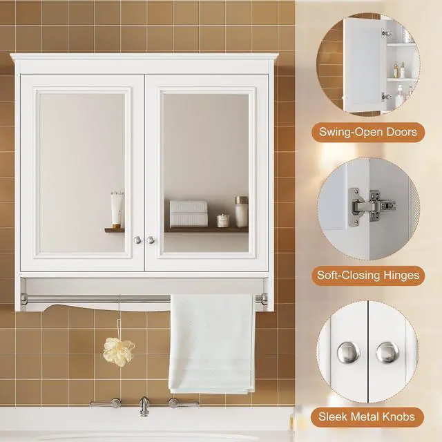 Alt view image 7 of 7 - 3-in-1 Bathroom Mirror Cabinet, 30 inch Wall Mounted Medicine Cabinet with Adjustable Shelves & Soft Close Doors, High-Define Mirror with Storage for Bathroom Vanity