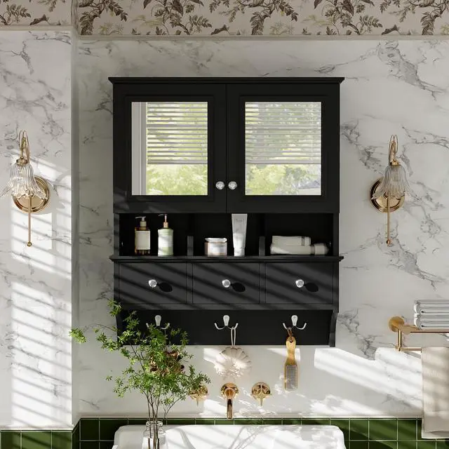Alt view image 2 of 7 - 4-in-1 Bathroom Mirror Cabinet, 24-inch Wall Mounted Medicine Cabinet with Drawers & Organizer Hooks, High-Define Mirrors with Storage for Bathroom Vanity