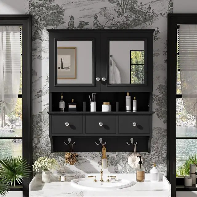 Alt view image 5 of 7 - 4-in-1 Bathroom Mirror Cabinet, 24-inch Wall Mounted Medicine Cabinet with Drawers & Organizer Hooks, High-Define Mirrors with Storage for Bathroom Vanity