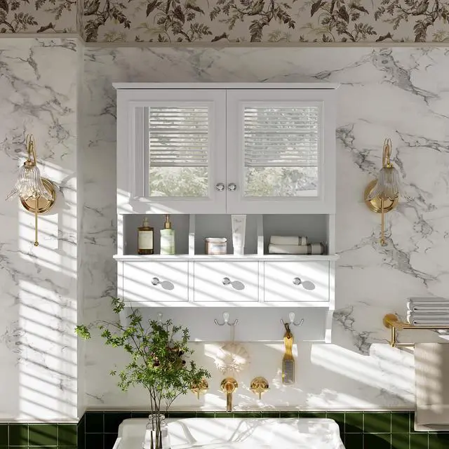 Alt view image 5 of 7 - 4-in-1 Bathroom Mirror Cabinet, 24-inch Wall Mounted Medicine Cabinet with Drawers & Organizer Hooks, High-Define Mirrors with Storage for Bathroom Vanity