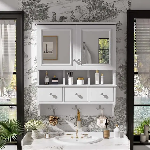 Alt view image 2 of 7 - 4-in-1 Bathroom Mirror Cabinet, 24-inch Wall Mounted Medicine Cabinet with Drawers & Organizer Hooks, High-Define Mirrors with Storage for Bathroom Vanity