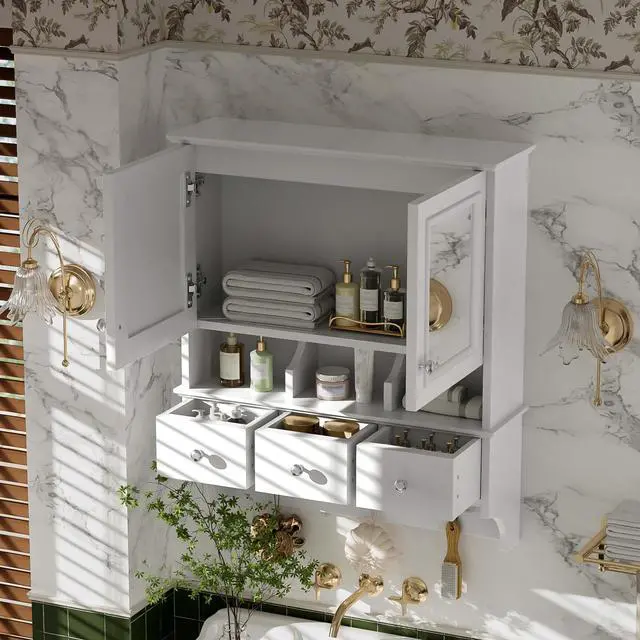 Alt view image 4 of 7 - 4-in-1 Bathroom Mirror Cabinet, 24-inch Wall Mounted Medicine Cabinet with Drawers & Organizer Hooks, High-Define Mirrors with Storage for Bathroom Vanity