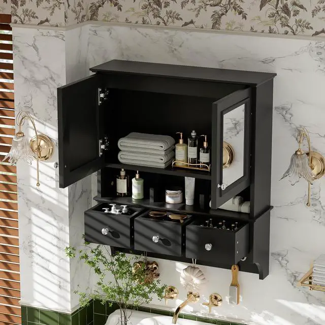 Alt view image 6 of 7 - 4-in-1 Bathroom Mirror Cabinet, 24-inch Wall Mounted Medicine Cabinet with Drawers & Organizer Hooks, High-Define Mirrors with Storage for Bathroom Vanity