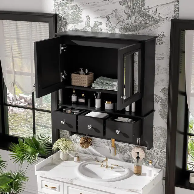 Alt view image 4 of 7 - 4-in-1 Bathroom Mirror Cabinet, 24-inch Wall Mounted Medicine Cabinet with Drawers & Organizer Hooks, High-Define Mirrors with Storage for Bathroom Vanity