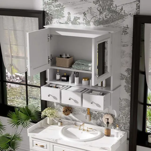 Alt view image 6 of 7 - 4-in-1 Bathroom Mirror Cabinet, 24-inch Wall Mounted Medicine Cabinet with Drawers & Organizer Hooks, High-Define Mirrors with Storage for Bathroom Vanity