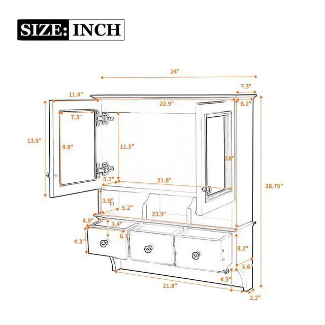 Alt view image 3 of 7 - 4-in-1 Bathroom Mirror Cabinet, 24-inch Wall Mounted Medicine Cabinet with Drawers & Organizer Hooks, High-Define Mirrors with Storage for Bathroom Vanity
