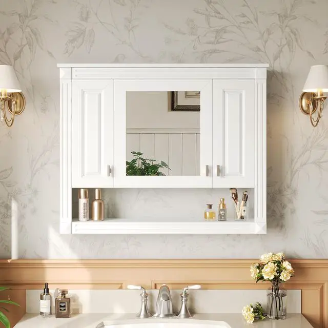 Alt view image 2 of 7 - 35inch Bathroom Wall Cabinet with Mirror, Wall Mounted Medicine Cabinet with Open Shelf, Mirrored Door Over Toilet Storage Cabinet, White