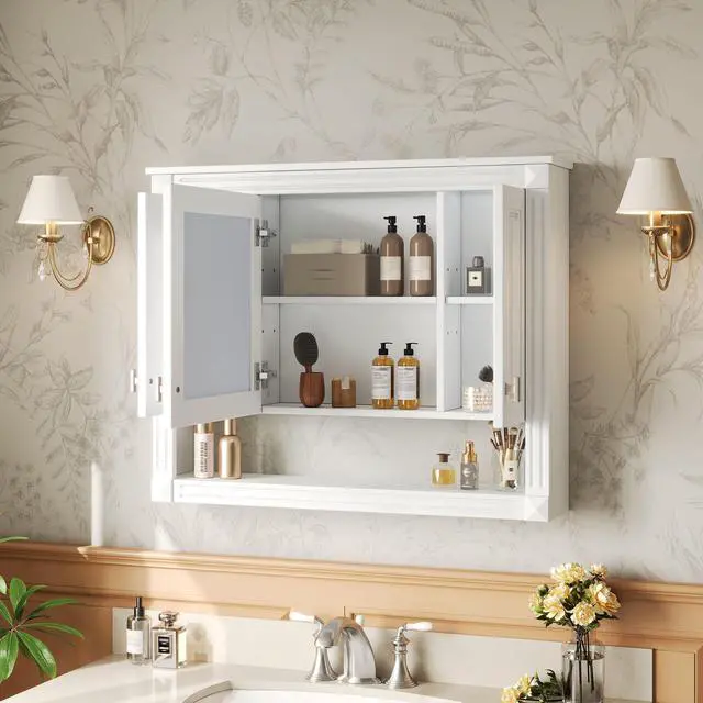 Alt view image 4 of 7 - 35inch Bathroom Wall Cabinet with Mirror, Wall Mounted Medicine Cabinet with Open Shelf, Mirrored Door Over Toilet Storage Cabinet, White