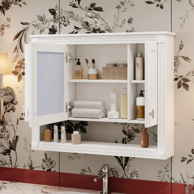 Alt view image 6 of 7 - 35inch Bathroom Wall Cabinet with Mirror, Wall Mounted Medicine Cabinet with Open Shelf, Mirrored Door Over Toilet Storage Cabinet, White
