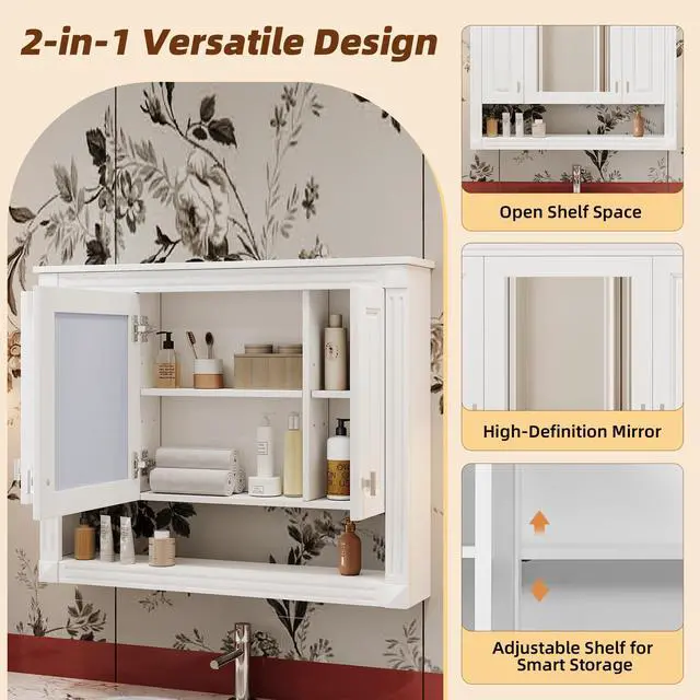 Alt view image 7 of 7 - 35inch Bathroom Wall Cabinet with Mirror, Wall Mounted Medicine Cabinet with Open Shelf, Mirrored Door Over Toilet Storage Cabinet, White
