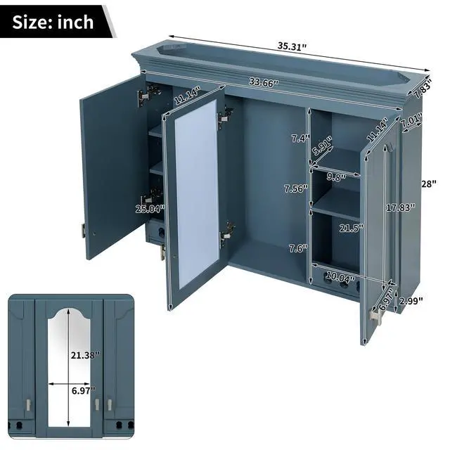 Alt view image 2 of 7 - 35 inch Wall-Mount All-in-One Mirror Cabinet with Adjustable Shelves, Soft-Closing Hinges, for Bathroom Vanity, Living Room, Bedroom Storage Organizer
