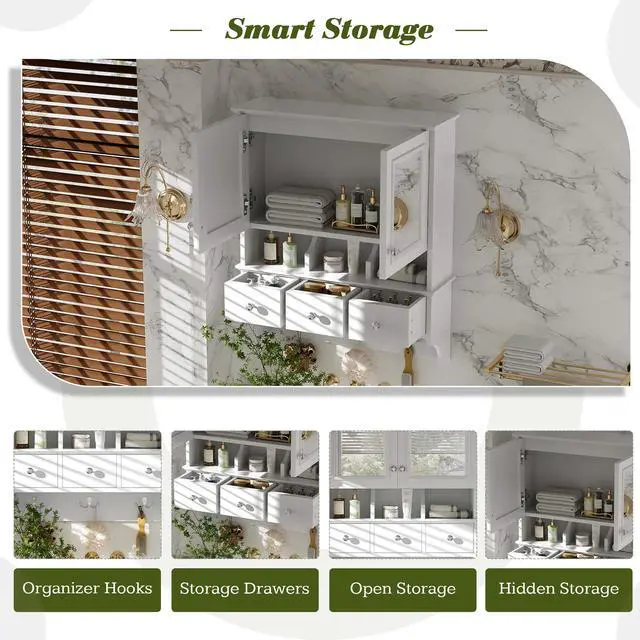 Alt view image 7 of 7 - 4-in-1 Bathroom Mirror Cabinet, 24-inch Wall Mounted Medicine Cabinet with Drawers & Organizer Hooks, High-Define Mirrors with Storage for Bathroom Vanity
