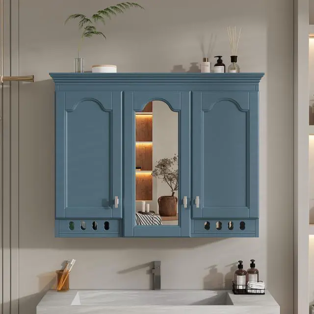Alt view image 3 of 7 - 35 inch Wall-Mount All-in-One Mirror Cabinet with Adjustable Shelves, Soft-Closing Hinges, for Bathroom Vanity, Living Room, Bedroom Storage Organizer