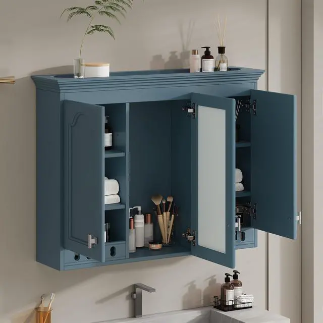 Alt view image 4 of 7 - 35 inch Wall-Mount All-in-One Mirror Cabinet with Adjustable Shelves, Soft-Closing Hinges, for Bathroom Vanity, Living Room, Bedroom Storage Organizer