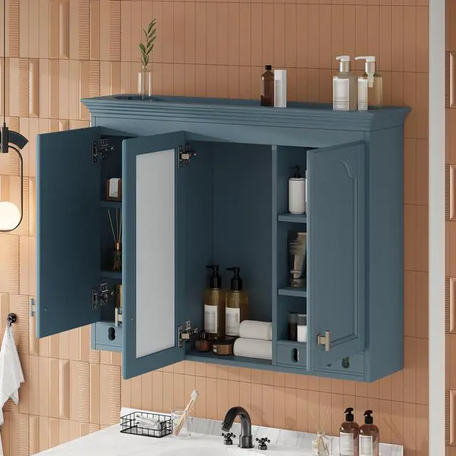 Alt view image 6 of 7 - 35 inch Wall-Mount All-in-One Mirror Cabinet with Adjustable Shelves, Soft-Closing Hinges, for Bathroom Vanity, Living Room, Bedroom Storage Organizer