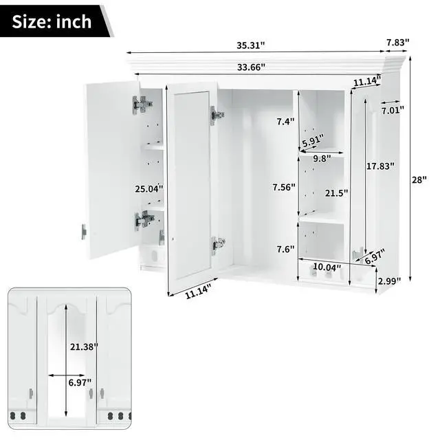 Alt view image 3 of 7 - 35 inch Wall-Mount All-in-One Mirror Cabinet with Adjustable Shelves, Soft-Closing Hinges, for Bathroom Vanity, Living Room, Bedroom Storage Organizer