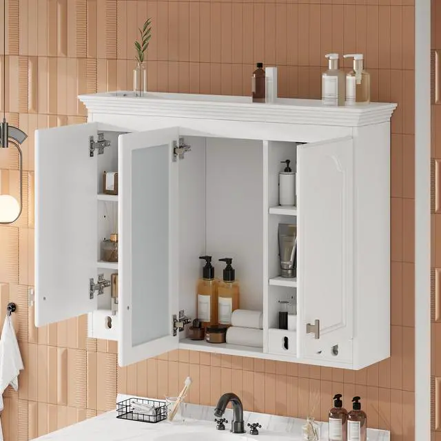 Alt view image 4 of 7 - 35 inch Wall-Mount All-in-One Mirror Cabinet with Adjustable Shelves, Soft-Closing Hinges, for Bathroom Vanity, Living Room, Bedroom Storage Organizer